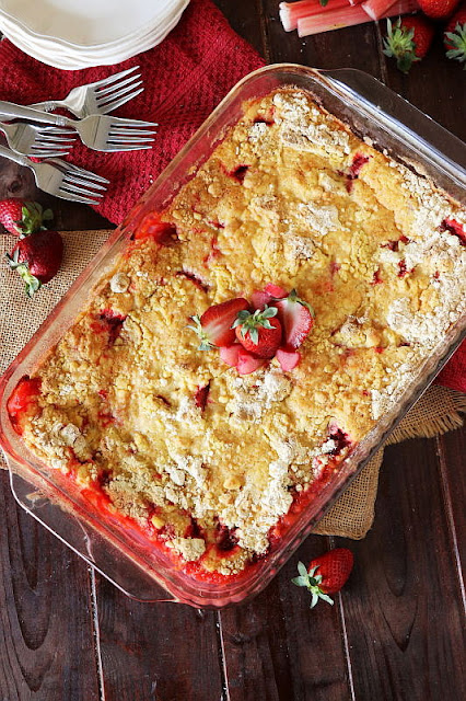 Top View of Strawberry Rhubarb Dump Cake Baked Image