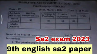 9th Class English ap sa 2 Question paper 2023 answers keys PDF