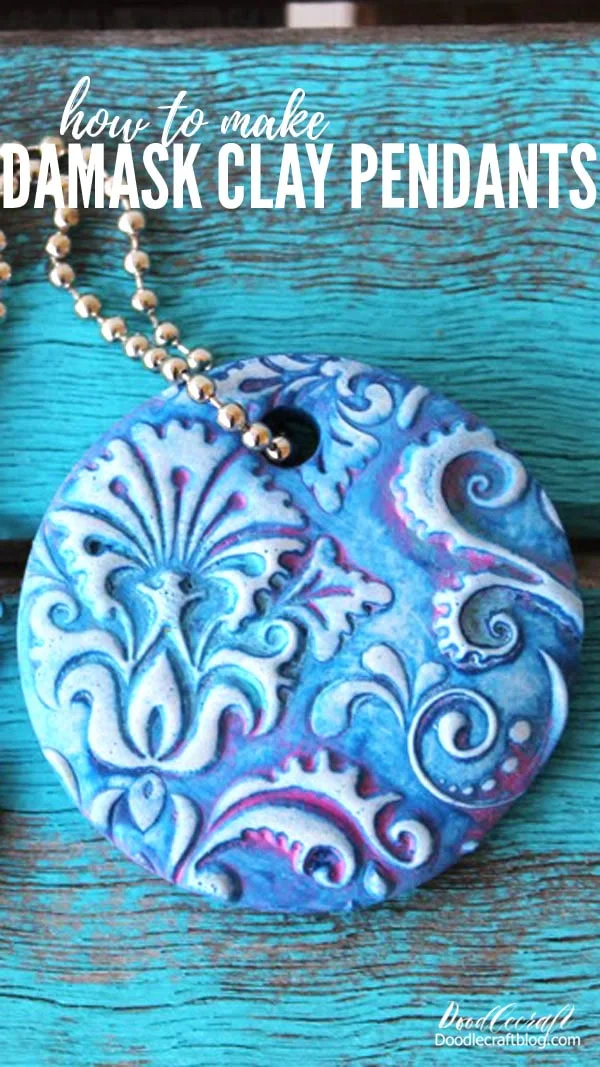 Damask Polymer Clay Pendants made with Sculpey!  Learn how to make these stunning damask polymer clay pendants!   These pendants are beautiful but are much easier to make than they look.