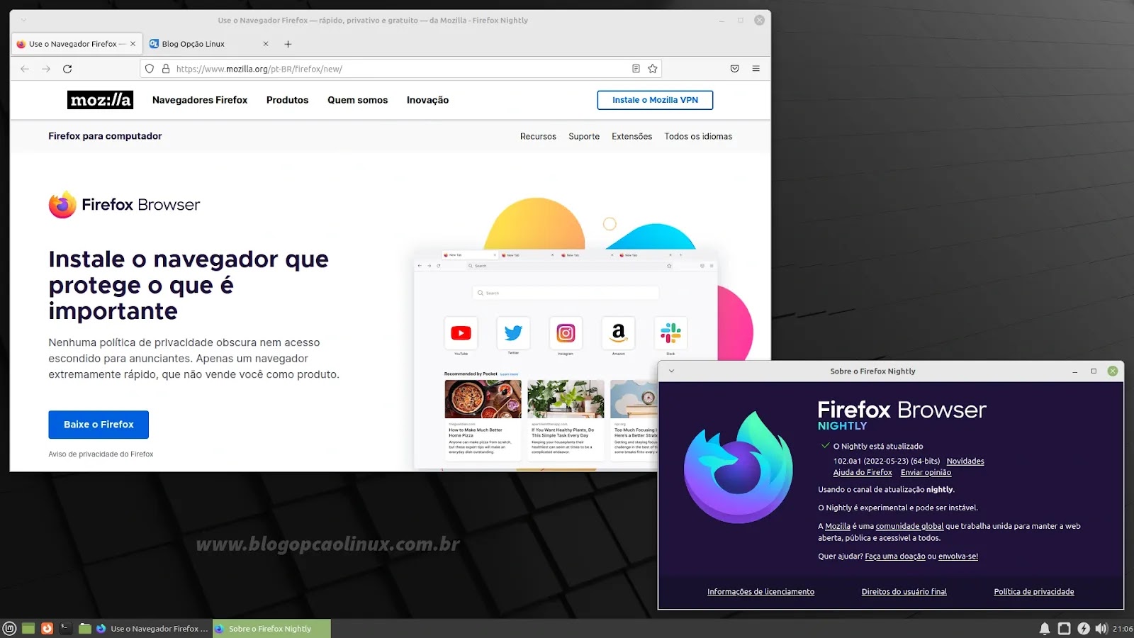 Mozilla Firefox Nightly executando no Linux Mint 20.3 'Una'