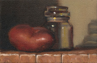 Oil painting of a Désirée potato beside a small glass jar.