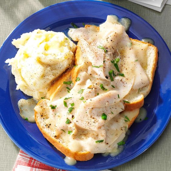 Turkey with gravy makes divine comfort food that reminds me of old-time diners on the East Coast that serve open faced turkey sandwiches just like this one. Happily, my gravy is not from a can