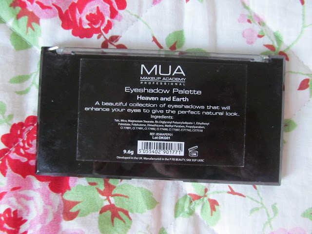 back of black eyeshadow palette reading 'MUA eyeshadow palette heaven and earth'