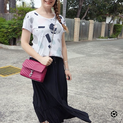 awayfromblue instagram | kids birthday party mum outfit printed tee maxi skirt rebecca minkoff edie cross body bag magenta