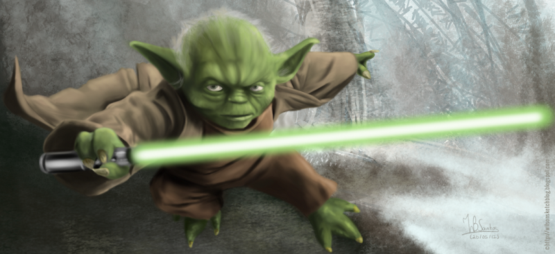 Digital Painting of Yoda holding a lightsaber, using Krita.