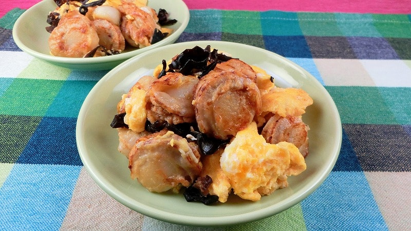 卵とベビーホタテの炒め料理おかずは味付けが 味ぽん だけでok 銀木食堂のごはん日記