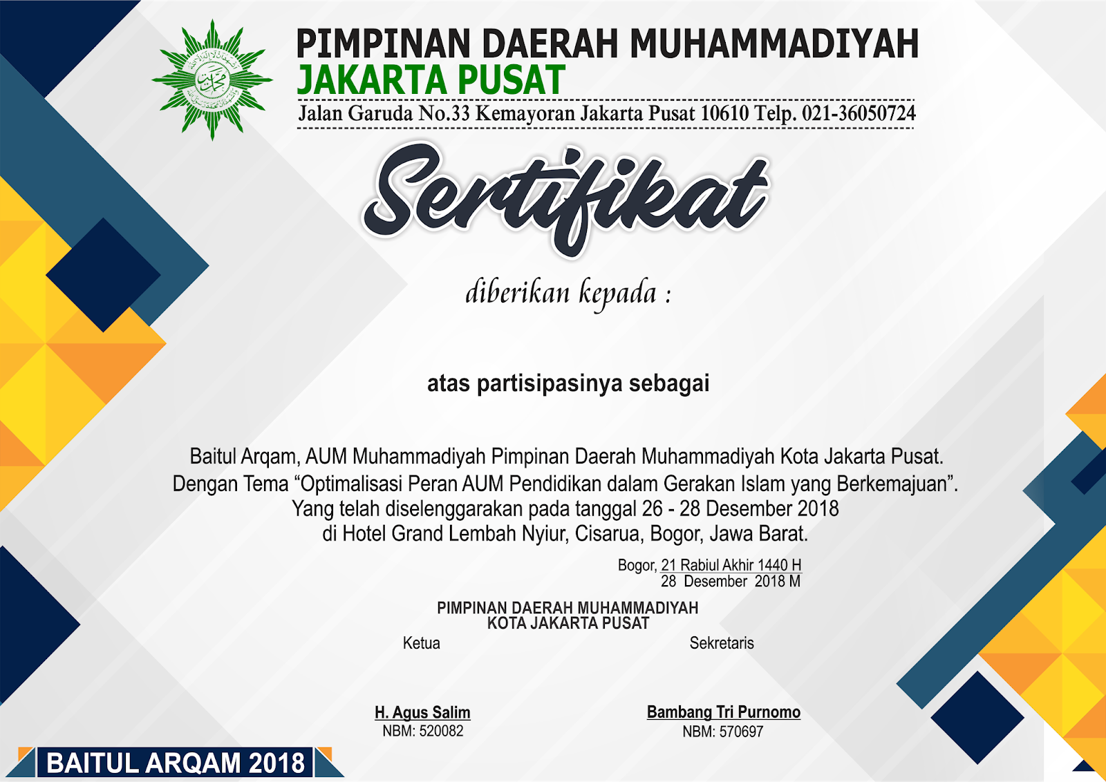  Desain Sertifikat  Baitul Arqam Muhammadiyah PDM Jakpus