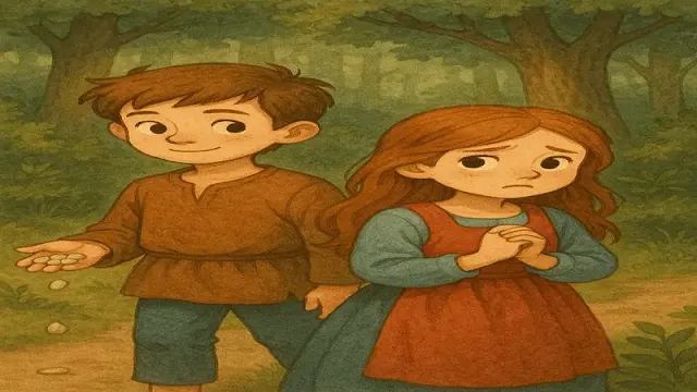 صورة لهانسل وهو يمشي في الغابة ليلاً ويضع الحصى على الطريق تحت ضوء القمر ليساعده في العودة.