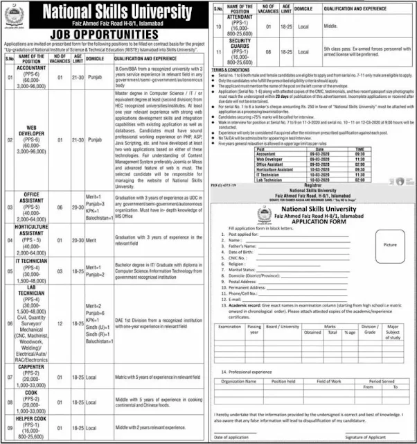 National Skills University Jobs 2020 for Web Developer Lab Technician & Others