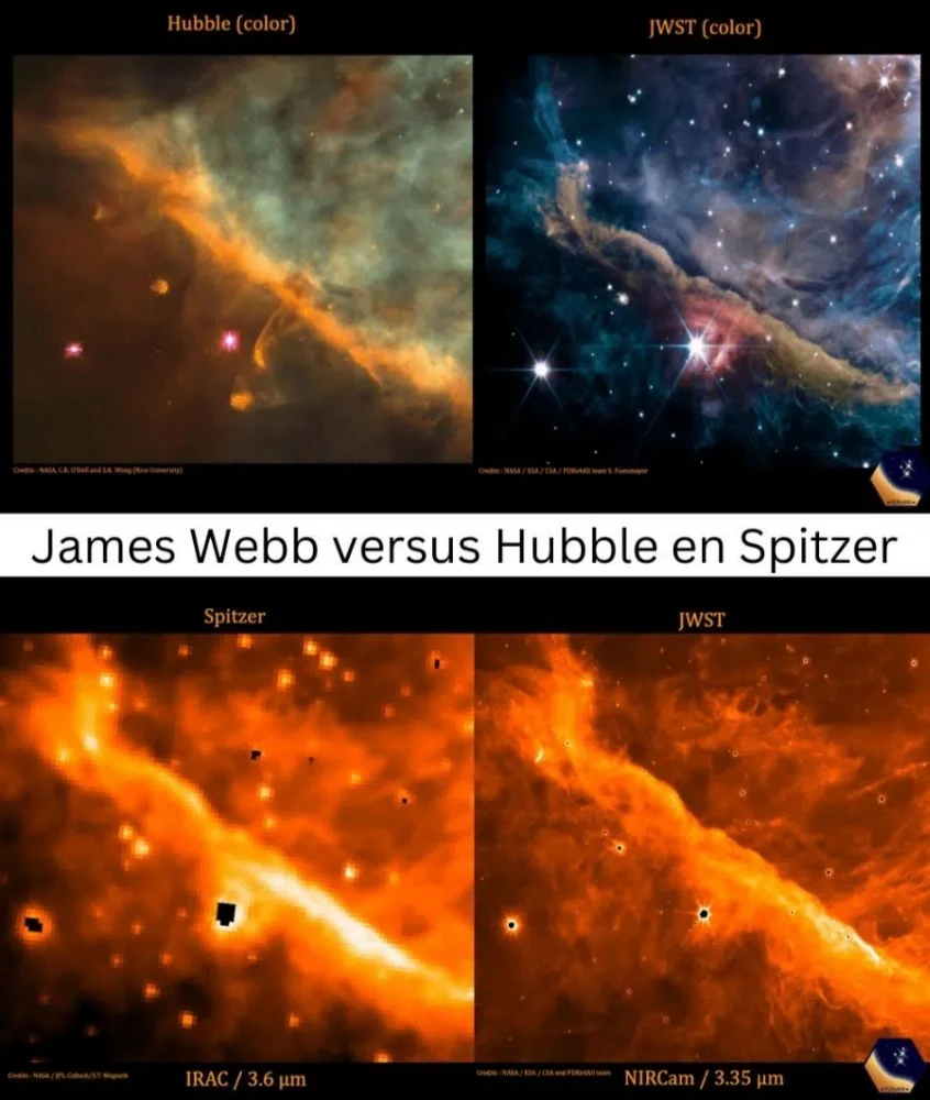 Fotografía que muestra la diferencia de imágenes captada por el James Webb y Hubble de la nebulosa de Orión
