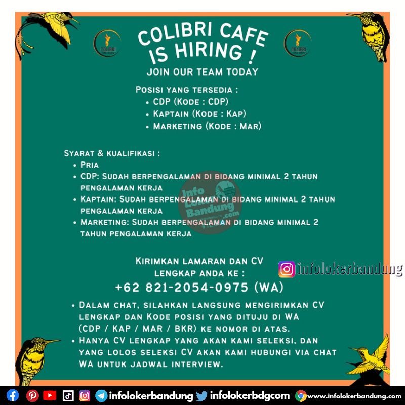 Lowongan Kerja Colibri Cafe & Bakery Bandung April 2024