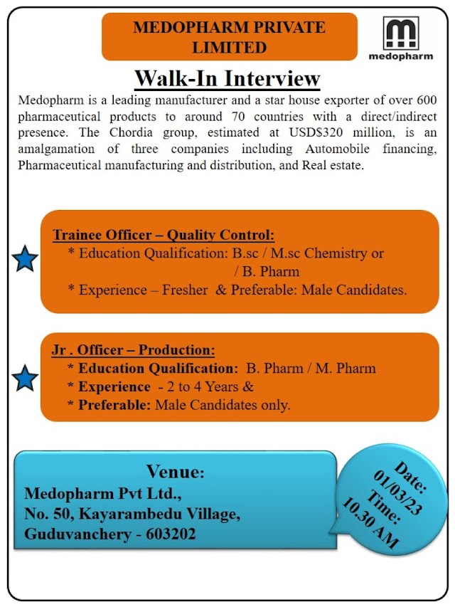 Medopharm Pvt Ltd | Walk-in interview for Freshers and Experienced in Production & QC on 1st March 2023