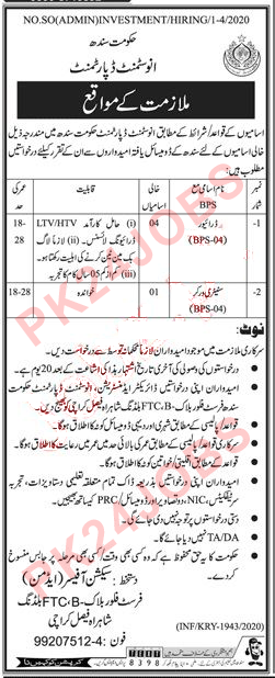 Investment Department Karachi Jobs 2020