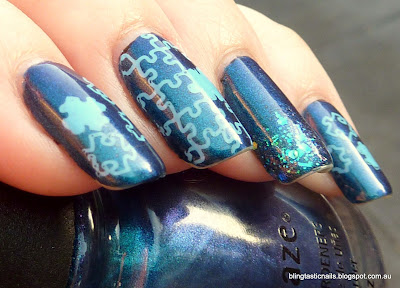 China Glaze Rodeo Fanatic with stamping for Autism Awareness Week