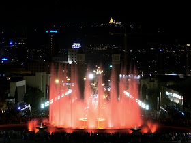 Montjuïc Magic Fountain lit at night in Barcelona