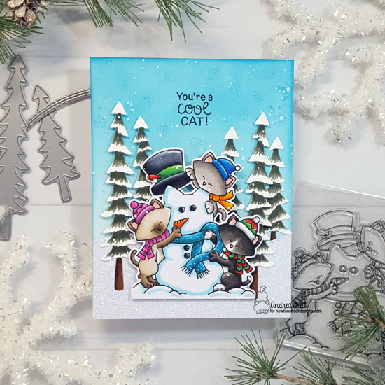 Cats building snowman card by Andrea Shell | Newton's Snowman Stamp Set, Forest Scene Builder Die Set and Land Borders Die Set by Newton's Nook Designs #newtonsnook #handmade