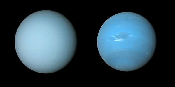 L’atmosphère d’Uranus (à gauche) est légèrement plus verte que celle de Neptune (à droite) © Björn Jónsson/NASA/JPL-Caltech