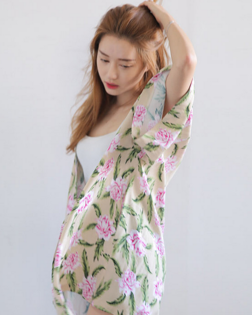 Tropical Floral Print Wrap Cardigan