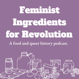 feminist ingredients for revolution podcast title with sketch of kitchen items on purple background