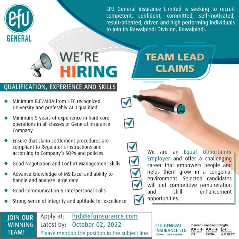EFU Life Assurance Company Limited Jobs For TEAM LEAD CLAIMS