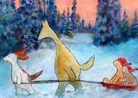 A postcard illustration of Hulmu and Haukku dog in sled team