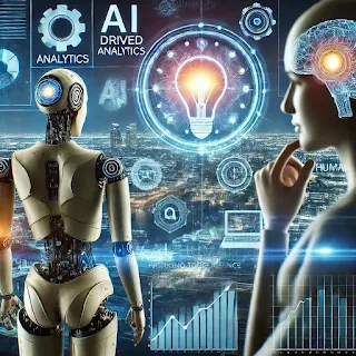 AI and human intelligence collaborating in a futuristic high-tech setting.