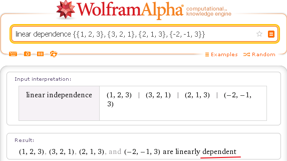 Векторы линейно зависимы - Wolfram Alpha