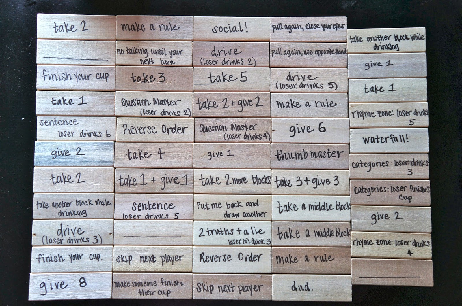 Drinking Jenga DIY---gives ideas and explanations for all the rules ...