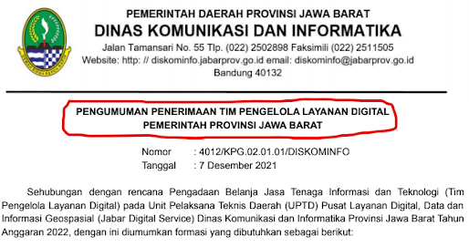 Rekrutmen Tim Pengelolaan Layanan Digital Pemerintah Provinsi Jawa Barat