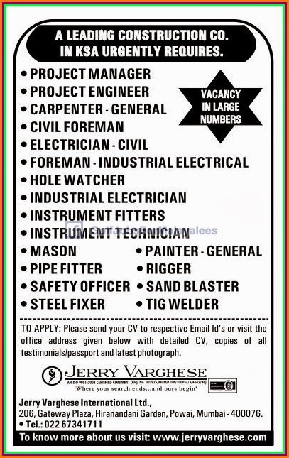 Vacancies for a Construction Company KSA
