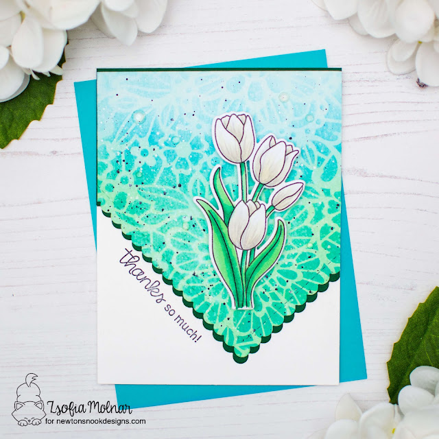 Tulip Thank You Card by Zsofia Molnar | Tulips Stamp Set, Daffodils Stamp Set, Floral Lace Stencil and Frames & Flags Die Set by Newton's Nook Designs #newtonsnook #handmade