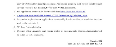 Applications for Teaching Faculty Jobs at NUML University Islamabad, November 2023