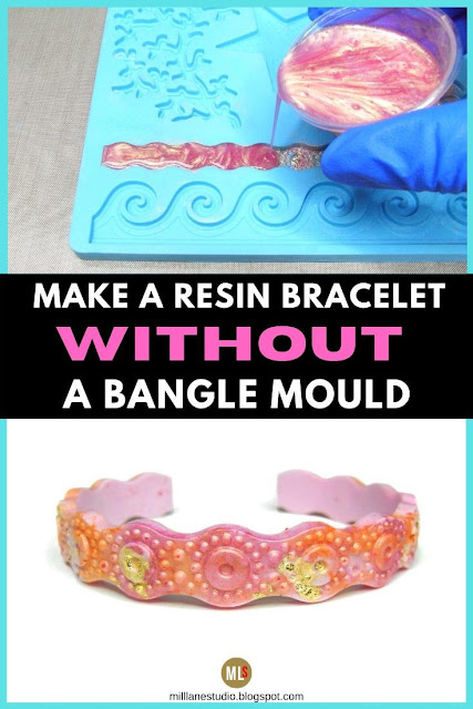 Pouring resin into a flat silicone mould and the finished demoulded bangle inspiration sheet