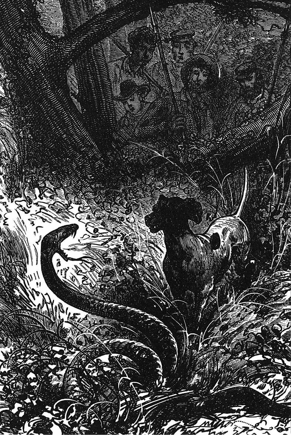 an Edouard Riou illustration of a safari dog confronting a large snake in the jungle