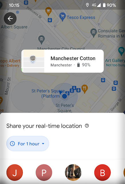 Screen shot with map of Manchester and location sharing enabled