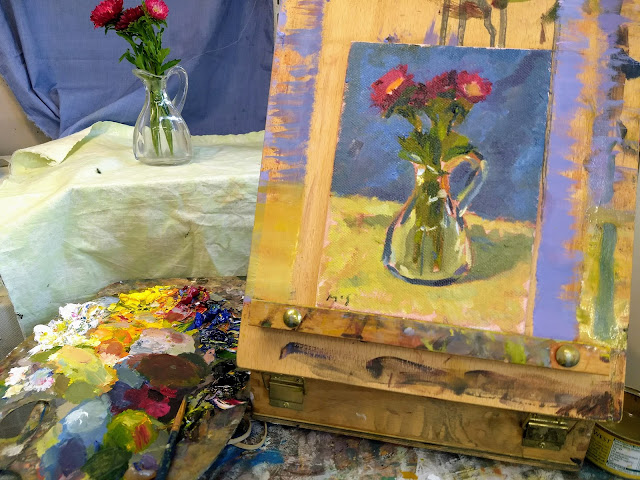 Studio Setup Still Life Alla Prima Demonstration in oils by Kevin McSherry. China Asters.