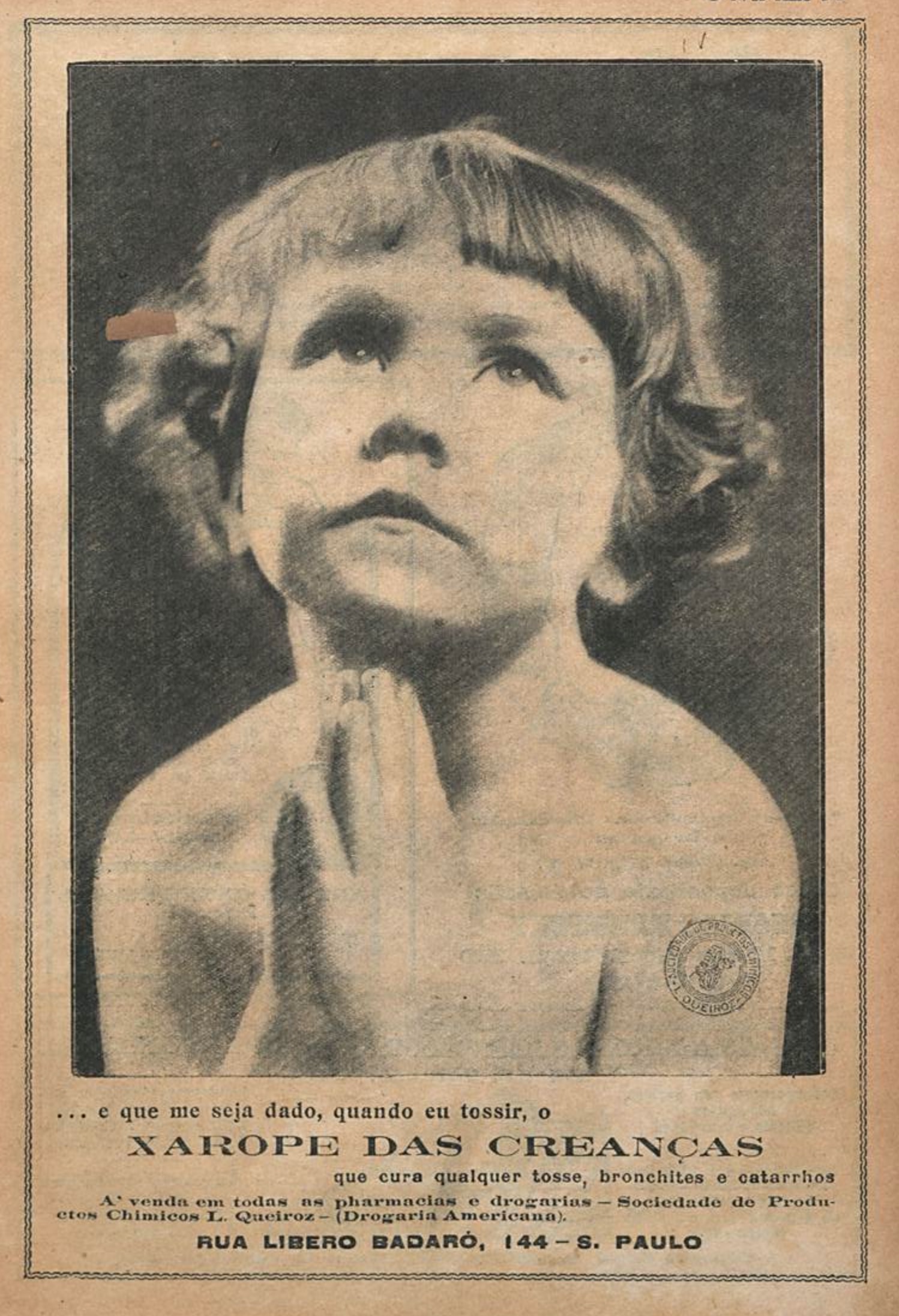 Propaganda antiga veiculada em 1919 promovendo os benefícios do Xarope das Crianças