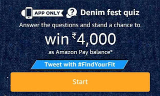 All answers of Amazon Denim Fest Quiz Contest are just updated here. In This Amazon Quiz Contest you can win Rs.4000/- as Amazon Pay balance. This Quiz contest Available on Amazon App only. This is a Lucky draw contest and total Fifty Participants will be selected as winner of Amazon Denim Fest Quiz. Amazon Denim Fest Quiz Started for the promotion of brand Flying Machine and Jack and Jones.       In This contest total five quiz are updated with four options. If you give all quiz answers correctly then you are eligible for the lucky draw. Amazon Denim Fest Quiz Contest is very simple and easy quiz contest and all questions are related with Amazon Flying Machine brand.    When You win Amazon Denim Fest Quiz contest then Amazon will contact you and you will receive Rs.4000/- on your Amazon Pay balance. This Amazon Pay balance can be use for future shopping on Amazon, mobile recharge, bill payment etc.. This balance can not be transfer in to bank account.    NOTE- There are Two brand Promotion Flying Machine and Jack and Jones, Both quiz answer updated below please check care fully.    Answers of Amazon Denim Fest Quiz Brand 1 (Flying Machine) Updated below:    Question 1 of 5.  As a part of the currently ongoing Amazon Denim Fest, what is the discount you can avail on jeans part of the event?    Answer - Minimum 40% off.    Question 2 of 5  Which of these celebrities was associated with the brand Flying Machine in the past?    Answer - Virat Kohli    Question 3 of 5  How many styles of Flying machine jeans can you find on Amazon.in?    Answer - More than 400.    Question 4 of 5  Which of these phrases is associated with the brand Flying Machine?    Answer - The New Cool.    Question 5 of 5  As a part of Denim Fest, you can currently avail a 25% discount at checkout on jeans part of the Spring Summer'18 collection.    Answer - True    Answers of Amazon Denim Fest Quiz Brand 2 (Jack and Jones)  Updated below:    Question 1 of 5  1.As a part of the currently ongoing Amazon Denim Fest, what is the discount you can avail on jeans part of this event?    Answer is – Minimum 40% off    Question 2 of 5  Which of these celebrities is currently associated with the brand Jack & Jones?    Answer is – Ranveer Singh    Question 3 of 5  How many styles of Jack & Jones jeans can you find on Amazon.in?    Answer is -More than 400    Question 4 of 5  As a part of Denim Fest, you can currently avail a 25% discount at checkout on jeans part of the Spring Summer’18 collection    Answer is -True    Question 5 of 5  Jean were originally called ____. Fill in the blanks.    Answer is -Waist overalls