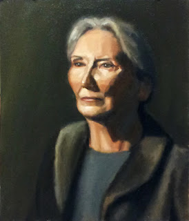 Oil painting of a woman with grey hair wearing a dark-coloured coat.