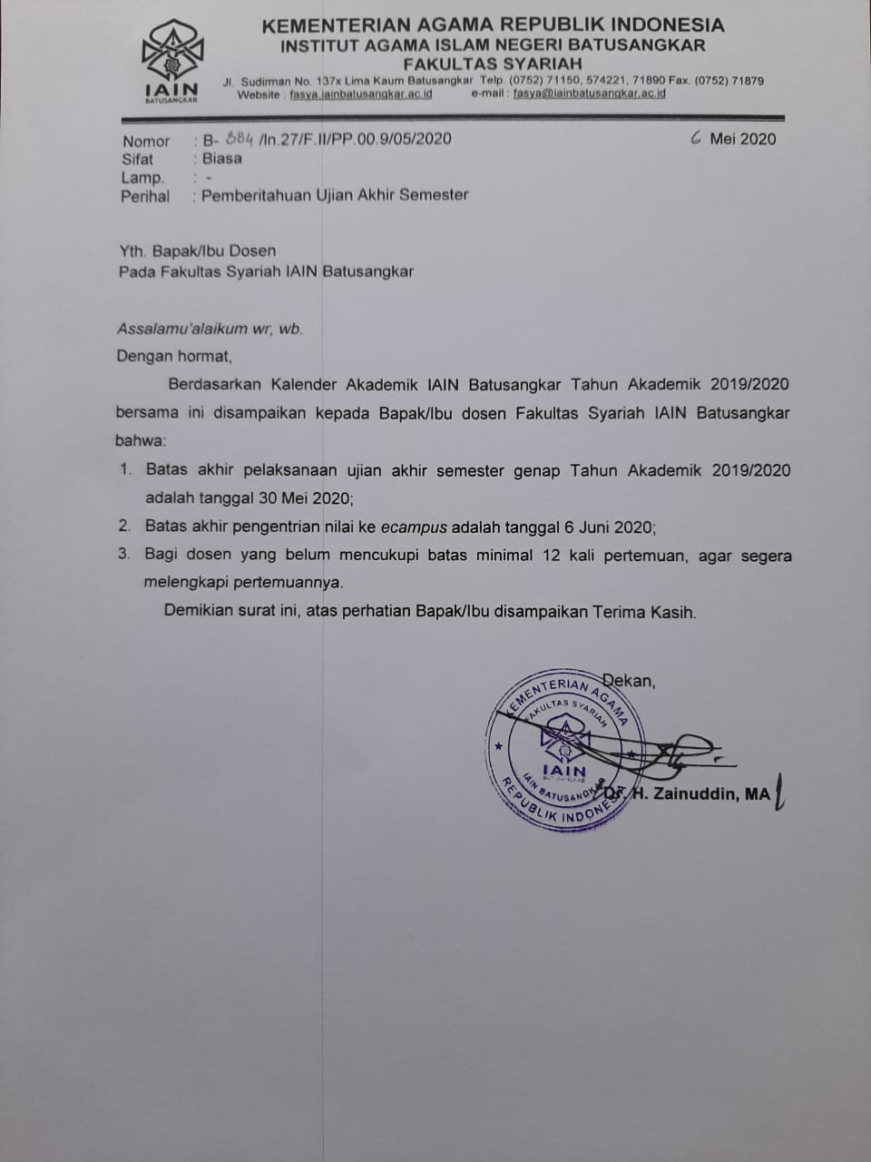 Surat Pemberitahuan Ujian Akhir Semester Fakultas Syariah