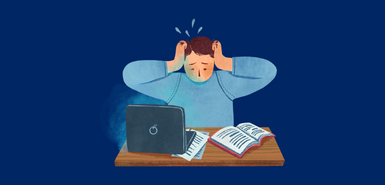 Cartoon image of a person with their head in a laptop and an open book. their hands setting at a desk with