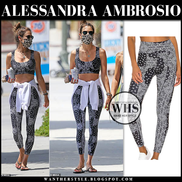 Alessandra Ambrosio in black paisley print sports bra and leggings