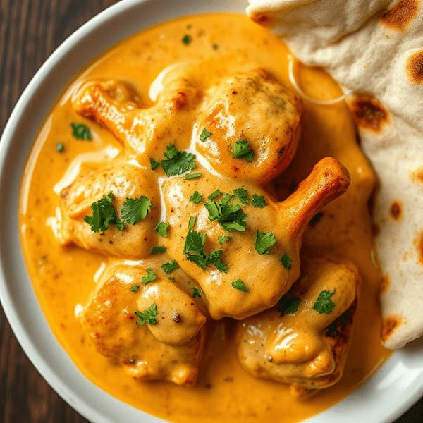Top-down view of butter chicken served with naan bread, featuring creamy sauce and tender chicken pieces.