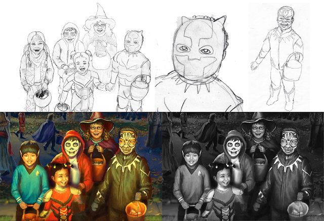 A collection of drawings, a color study, and a tonal study for the “Porch Kids” group.