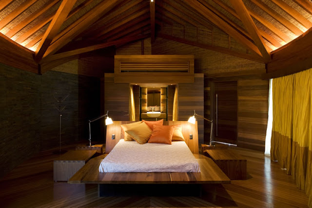 Picture of modern tropical bedroom with wooden bed