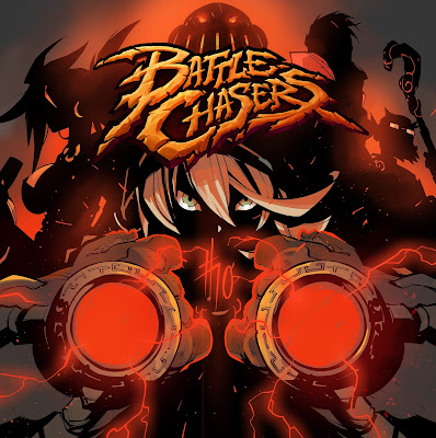 Battle Chasers 10 teaser image featuring Gully, Red Monika, Calibretto, Knolan, and Garrison, artwork by Ludo Lullabi, created by Joe Madureira