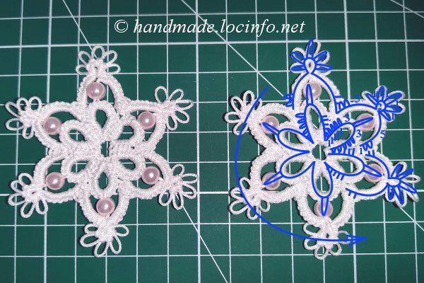 タティングレースで作るシンプルなスノーフレークモチーフ,simple snowflake motif made with tatting lace,梭编蕾丝編制的简单雪花图案