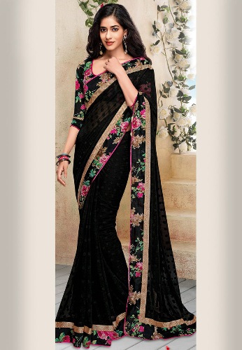 Black Faux Georgette Saree With Floral Border