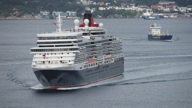 A bird's-eye view of Cunard's MS Queen Elizabeth departing Bergen, Norway; Cruise ships from above