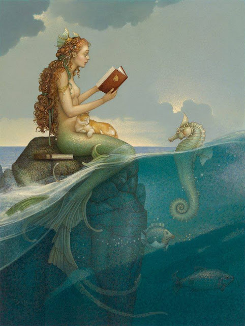 mermaid reading to a seahorse - painting